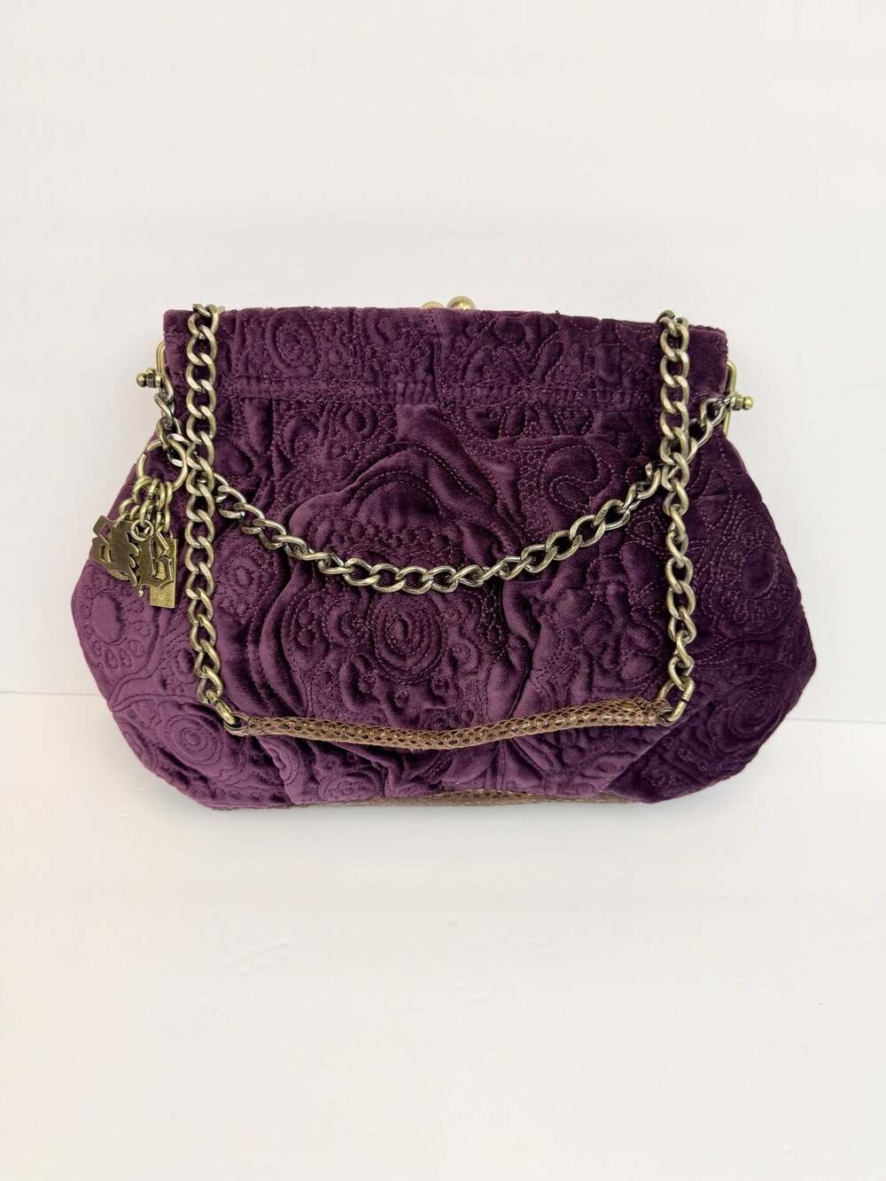 BCBGirls Vintage Purple Velvet Embroidered Kiss Lock Chain Shoulder Bag